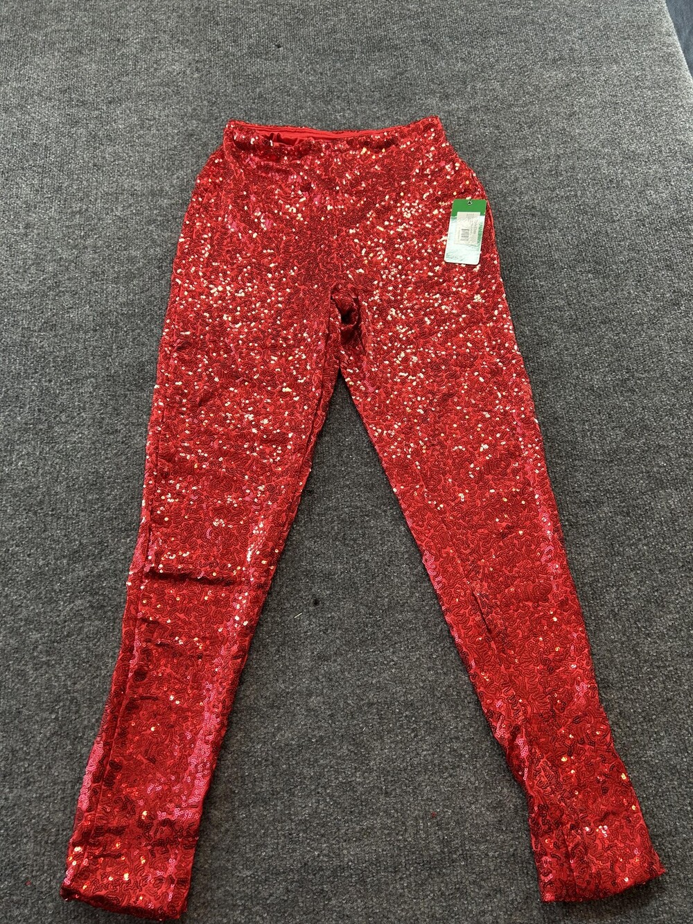 Tipsy Elves Leggings Womens Small Red Sequin High Rise Party Ankle Pants Stretch